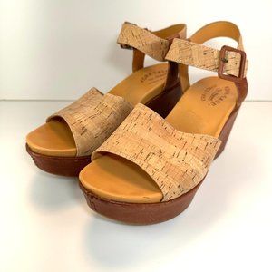 Kork-Ease Keirn ankle strap wedge platform sandals, cork & leather, size 8